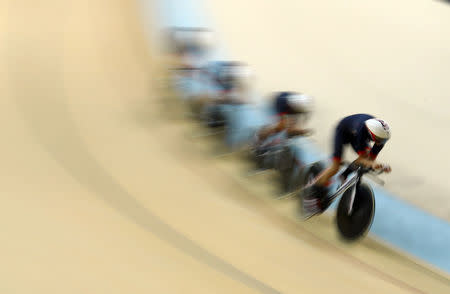 2016 Rio Olympics - Cycling Track - Women's Team Pursuit 1st round - Rio Olympic Velodrome - Rio de Janeiro, Brazil - Kate Archibald (GBR) of Britain, Laura Trott (GBR) of Britain, Elinor Barker (GBR) of Britain and Joanna Rowsell (GBR) of Britain compete. REUTERS/Paul Hanna