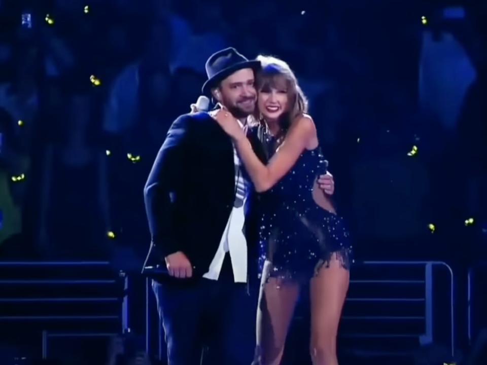 Justin Timberlake and Taylor Swift on stage at the Staples Center in Los Angles in 2014.