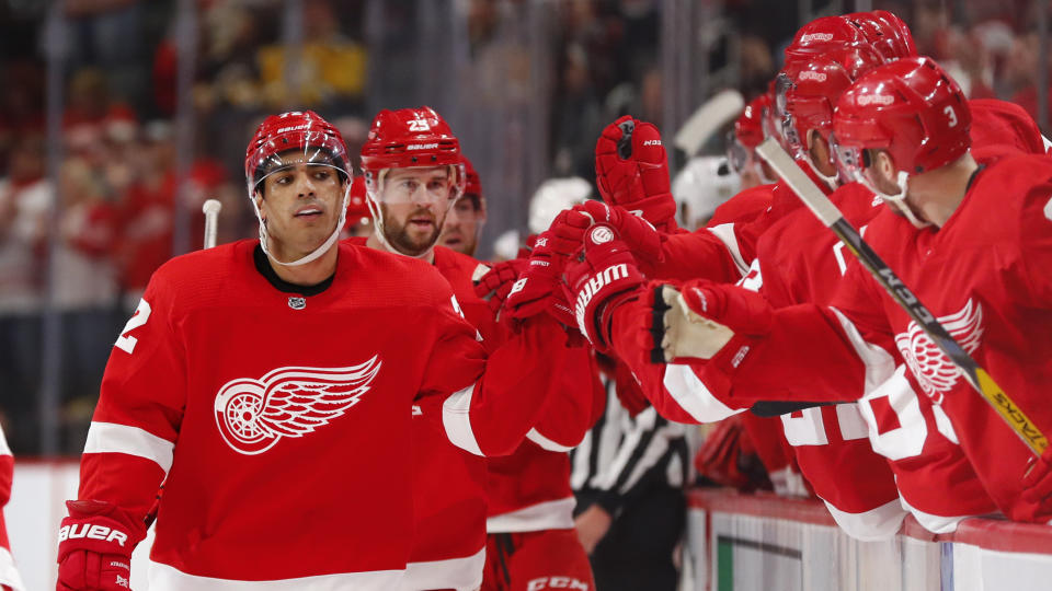 Detroit Red Wings left wing Andreas Athanasiou (72) celebrates scoring against the Boston Bruins in the third period of an NHL hockey game Sunday, Feb. 9, 2020, in Detroit. (AP Photo/Paul Sancya)