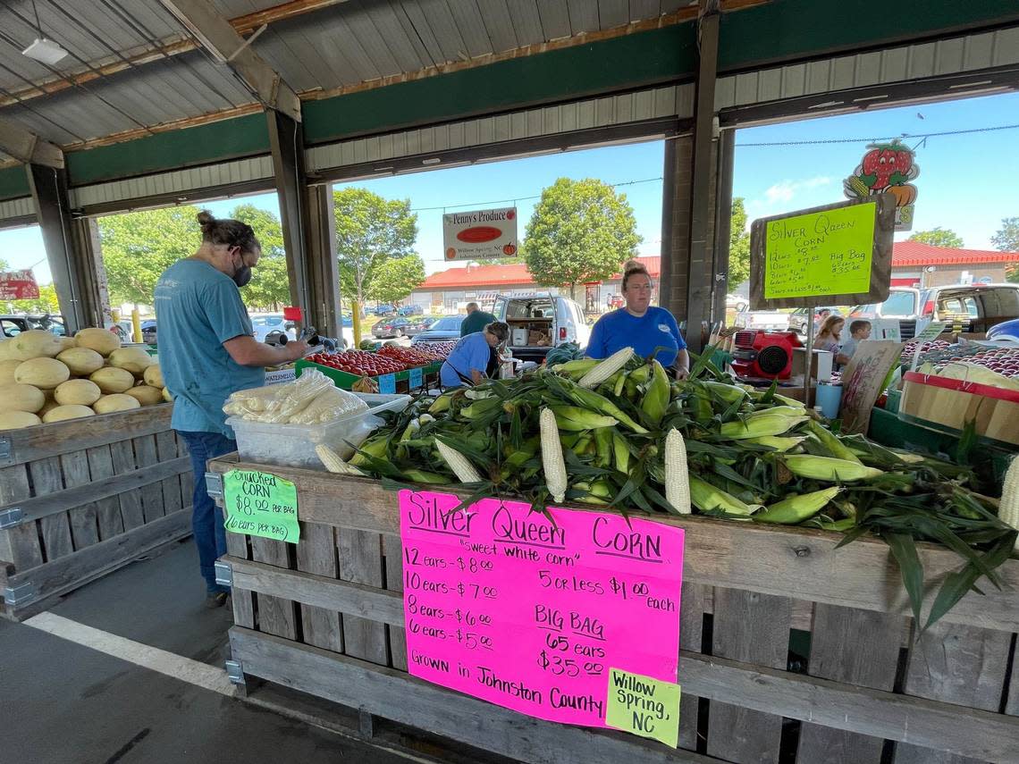 Silver Queen corn from Penny’s Produce in Willow Spring, NC, for sale at the NC State Farmers Market on July 19, 2022.