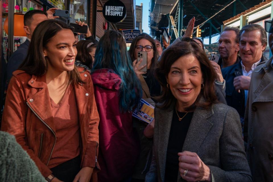 New York Congresswoman Alexandria Ocasio-Cortez campaigned with Governor Kathy Hochul on Election Day. (Getty Images)