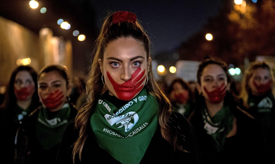 Activists march during a demonstration in favour of free abortion in Santiago, Chile, on July 25, 2019. (Martin Bernetti / AFP via Getty Images)