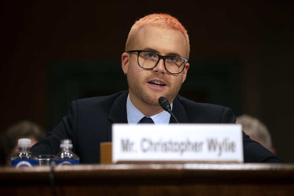 Christopher Wylie, former Cambridge Analytica research director, testifies before a Senate Judiciary Committee hearing on Capitol Hill, May 16, 2018. REUTERS/Al Drago