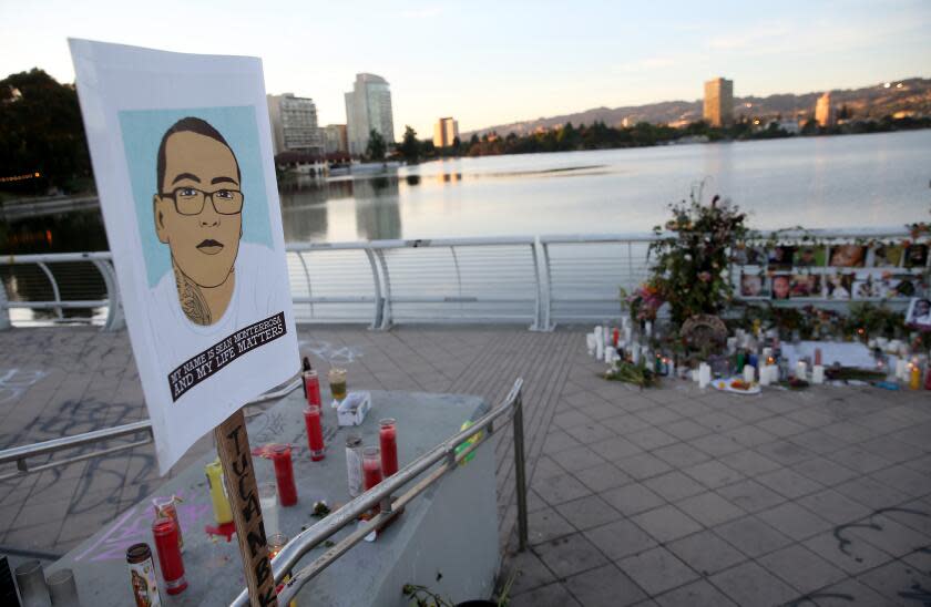 OAKLAND, CA - JUNE 08: A memorial to Sean Monterrosa, George Floyd and other victims of police violence is seen at Lake Merritt in Oakland, Calif., on Monday, June 8, 2020. Monterossa, who was unarmed, was killed by Vallejo police on June 2. (Jane Tyska/Digital First Media/East Bay Times via Getty Images)