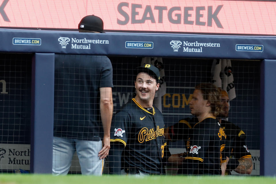 MILWAUKEE, WISCONSIN - JULY 11: Paul Skenes #30 of the Pittsburgh Pirates smiles as he walks in the dugout in the sixth inning against the Milwaukee Brewers at American Family Field on July 11, 2024 in Milwaukee, Wisconsin. (Photo by John Fisher/Getty Images)