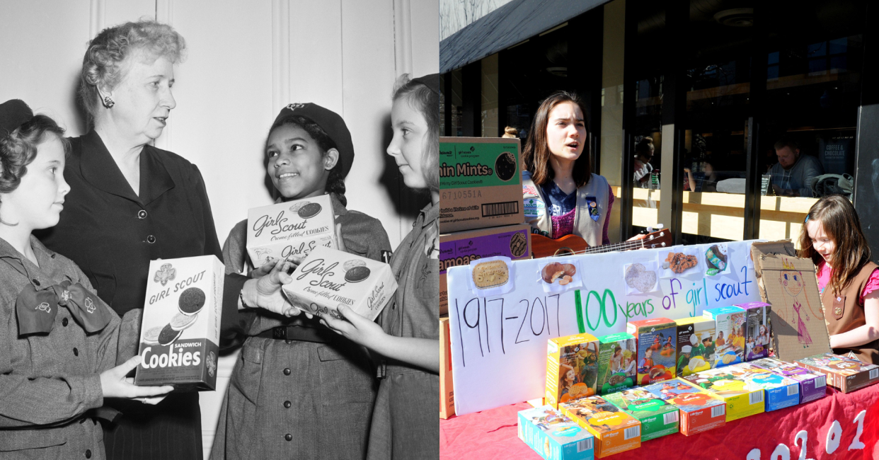 Mrs. Harry S. Truman With Three Girl Scouts and Two Girl Scouts Selling Cookies