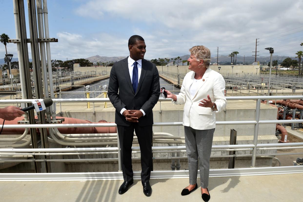 U.S. Rep. Julia Brownley, D-Westlake Village, right, and U.S. EPA Administrator Michael S. Regan answer questions from reporters during a tour of Ventura's Sewer & Wastewater Services facility on Wednesday, Aug. 18, 2021.