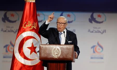 Tunisian President Beji Caid Essebsi speaks during the congress of the Ennahda Movement in Tunis, Tunisia May 20, 2016. Zoubeir Souissi/Files