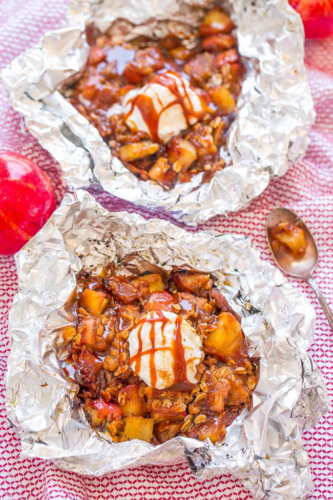 <p>Get creative for dessert and throw these caramel apple foil packs in the oven. These packs only take 15 minutes to bake and cleanup is almost non-existent - just fold over the foil and toss away.</p><p><strong>Get the recipe at <a rel="nofollow noopener" href="https://www.averiecooks.com/caramel-apple-crumble-foil-packs/" target="_blank" data-ylk="slk:Averie Cooks.;elm:context_link;itc:0;sec:content-canvas" class="link ">Averie Cooks.</a></strong></p>