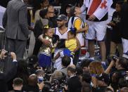 <p>Golden State Warriors guard Stephen Curry with daughters Riley Curry and Ryan Carson Curry after defeating the Cleveland Cavaliers in game five of the 2017 NBA Finals at Oracle Arena. Mandatory Credit: Kyle Terada-USA TODAY Sports </p>