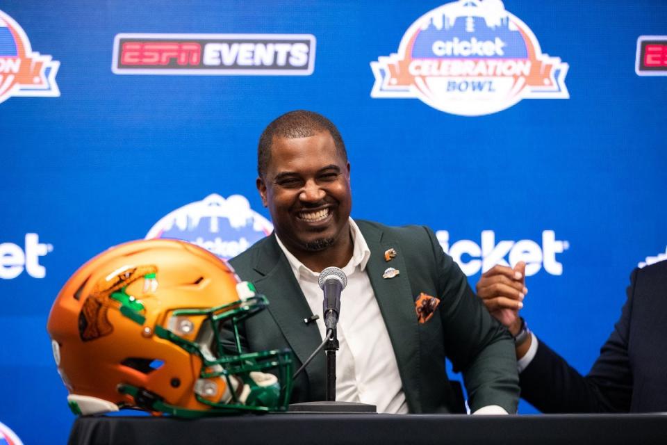 Florida A&M Rattlers head coach Willie Simmons laughs during the HBCU Celebration Bowl press conference in Atlanta, Georgia on Thursday, December 7, 2023.