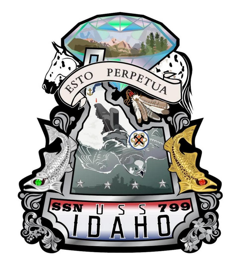 The crest of the USS Idaho is chock full of Idaho references: an opal, the Sawtooths, white pine trees (the official state tree), an Appaloosa horse, the motto of both USS Idaho and the state of Idaho, “Esto Perpetua,” or “let it be perpetual,” five feathers representing the five Native American tribes that call Idaho home, the outline of the state, two steelhead trout, a peregrine falcon, a silhouette of the previous USS Idaho, huckleberries, syringas and a number of references to the U.S. Navy’s extensive history in Idaho.