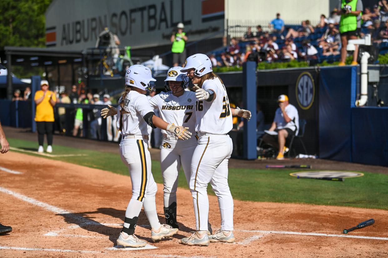 May 10, 2024; Auburn, AL, USA; Missouri Tigers infielder Maddie Gallagher (1) crosses the plate after a home run against the LSU Tigers at Jane B. Moore Field. Mandatory Credit: Julie Bennett-USA TODAY Sports