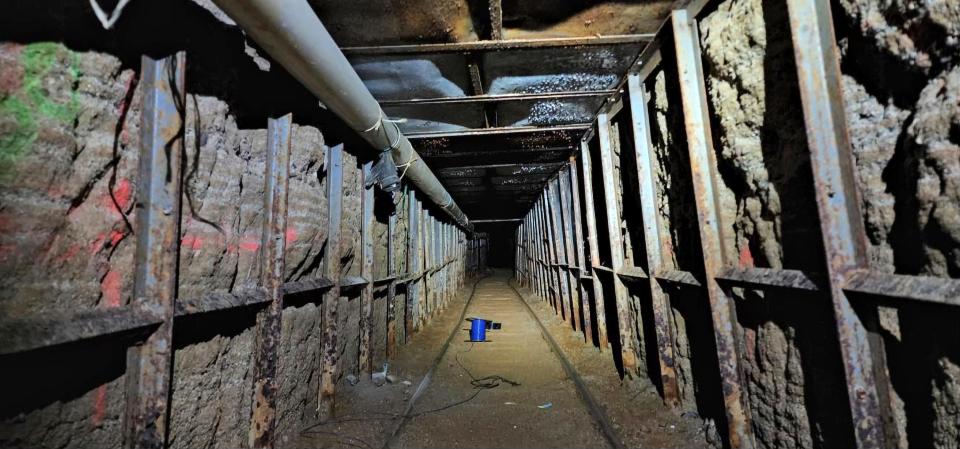 This undated photo provided by Homeland Security Investigations shows the inside of a cross-border tunnel between Mexico's Tijuana into the San Diego area. Authorities announced on Monday, May 16, the discovery of the underground smuggling tunnel on Mexico's border, running the length of a football field on U.S. soil to a warehouse in an industrial area.