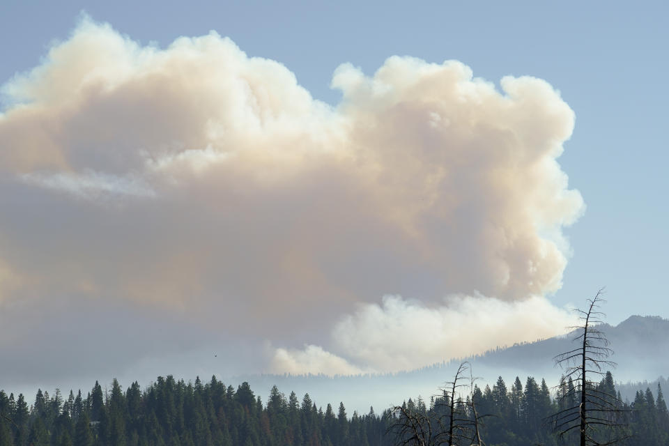 Seen from State Route 41, smoke rises from the Washburn Fire burning in Yosemite National Park, Calif., Tuesday, July 12, 2022. (AP Photo/Godofredo A. Vásquez)