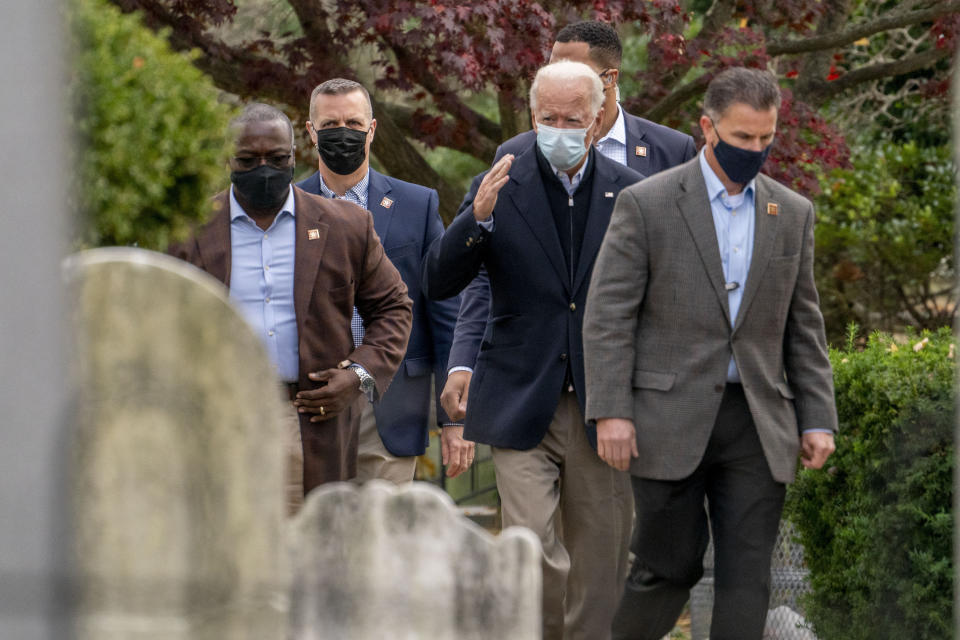 President-elect Joe Biden arrives at St. Joseph On the Brandywine Roman Catholic Church, Sunday, Nov. 15, 2020, in Wilmington, Del. (AP Photo/Andrew Harnik)