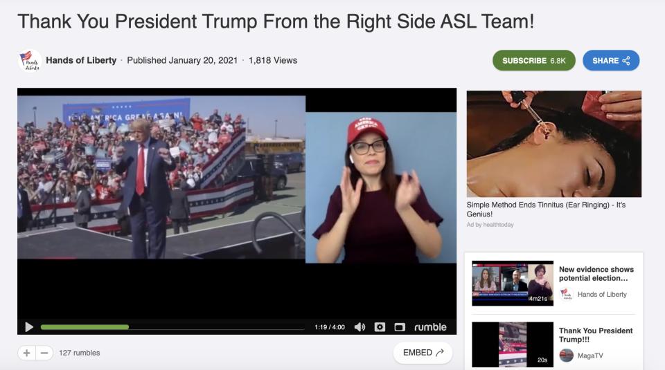 Heather Mewshaw, an American Sign Language interpreter, in a pro-Trump video from Hands of Liberty, a conservative interpreter group.<span class="copyright">Heather Mewshaw, an American Sign Language interpreter, in a video of Trump dancing posted by Hands of Liberty, a conservative interpreter group.</span>