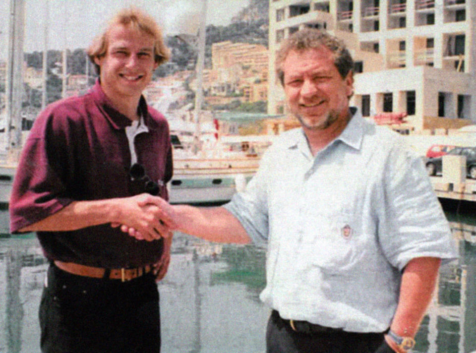 Tottenham Hotspur Chairman Alan Sugar with new �2 million signing from Monaco, German striker Jurgen Klinsmann. *Best Quality Available*