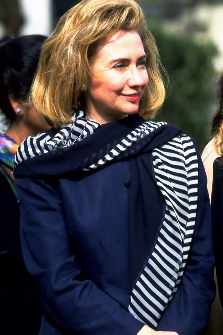 Hillary Clinton in navy blue and white stripes on March 27, 1995