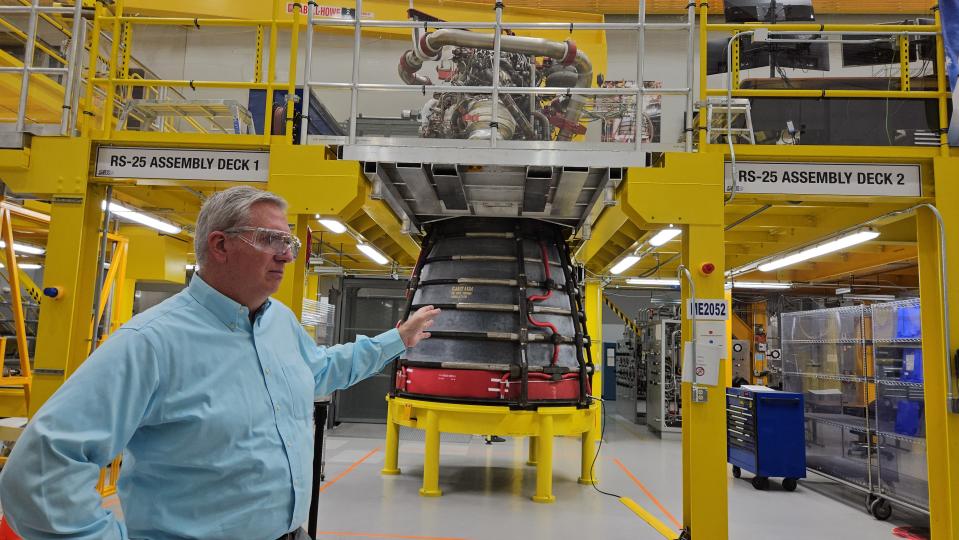 Ken Van Stelle, assembly operations manager for Aerojet Rocketdyne, talks about the assembly of RS-25 rocket engines used to send rockets to outer space. An RS-25 was tested at NASA's Stennis Space Center in Hancock County, Miss., Wednesday, March 10, 2023.
