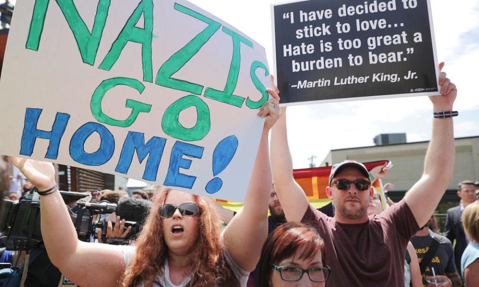 Protesters target the ‘alt-right’ figurehead Jason Kessler in Charlottesville. Kessler was an organizer of the ‘Unite the Right’ rally.