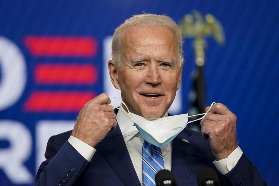 WILMINGTON, DE - NOVEMBER 04: Democratic presidential nominee Joe Biden speaks one day after Americans voted in the presidential election, on November 04, 2020 in Wilmington, Delaware. Biden spoke as votes are still being counted in his tight race against incumbent U.S. President Donald Trump which remains too close to call. (Photo by Drew Angerer/Getty Images)