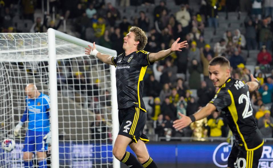 Mar 25, 2023; Columbus, Ohio, USA; Columbus Crew defender Philip Quinton (2) celebrates after scoring a goal against Atlanta United during the second half of their MLS game at Lower.com Stadium. 