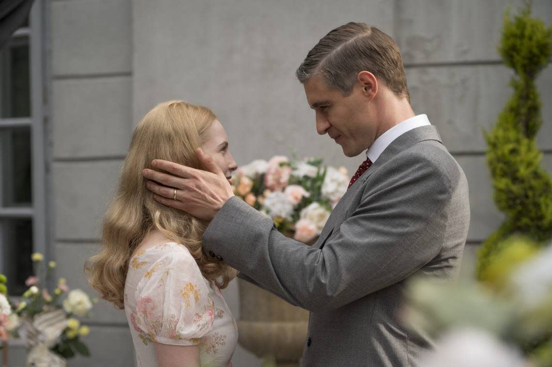 Hannah Dodd as Corrine Foxworth and Max Irons as Malcolm Foxworth in the Lifetime limited series “Flowers in the Attic: The Origin.”