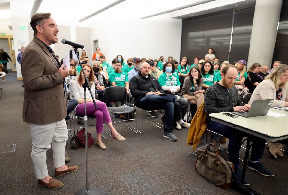 Charlie Luke, former Salt Lake City council member, speaks in support of library workers unionizing, at the Salt Lake City Library's monthly board meeting in Salt Lake City on Monday.