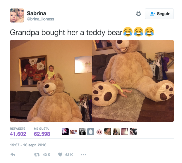 Sabrina decidió compartir la foto en su cuenta de Twitter, sin imaginar lo que causaría. “Su abuelo le compró este oso de peluche”, escribió.