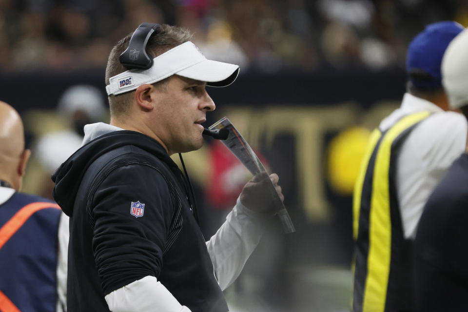 Las Vegas Raiders head coach Josh McDaniels watches during the second half of an NFL football game against the New Orleans Saints Sunday, Oct. 30, 2022, in New Orleans. (AP Photo/Butch Dill)