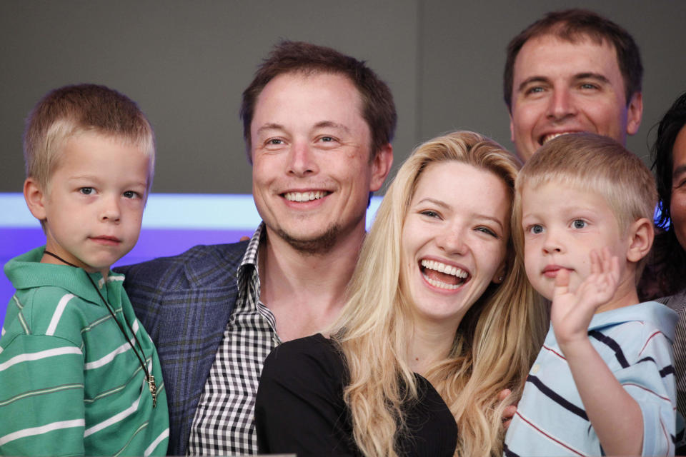 Elon Musk, CEO of Tesla Motors, stands with ex-wife Talulah Riley and his twin sons Griffin, left, then 6, and Xavier in New York in 2010. (AP)