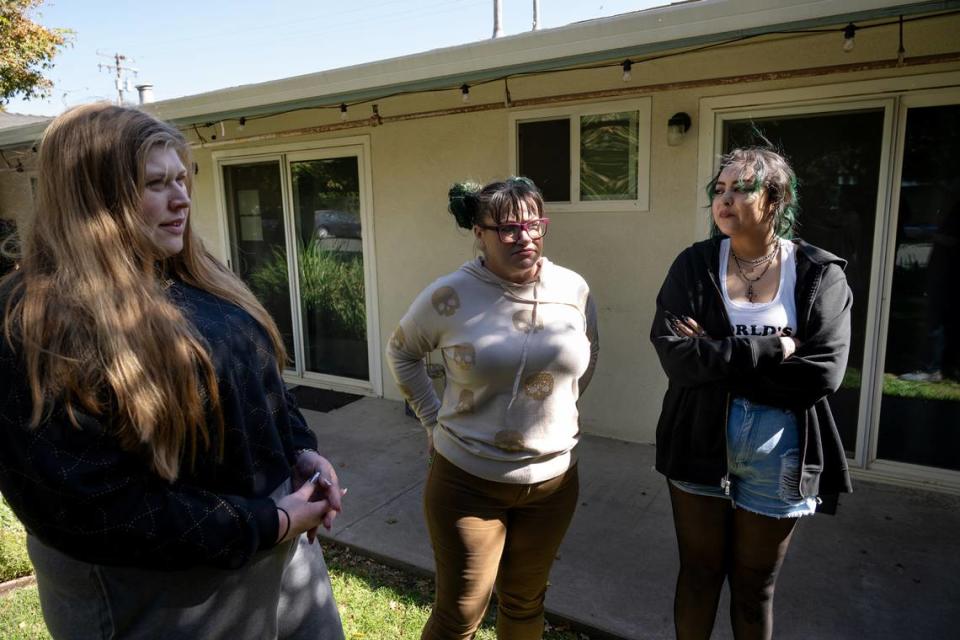 Former fentanyl users Farrell Engelbert Pauli, left, Amy Northern, middle, and Aysa Quiroz have been clean since starting addiction treatment at New Hope Recovery House in Modesto, Calif. Photographed Wednesday, Oct. 11, 2023.