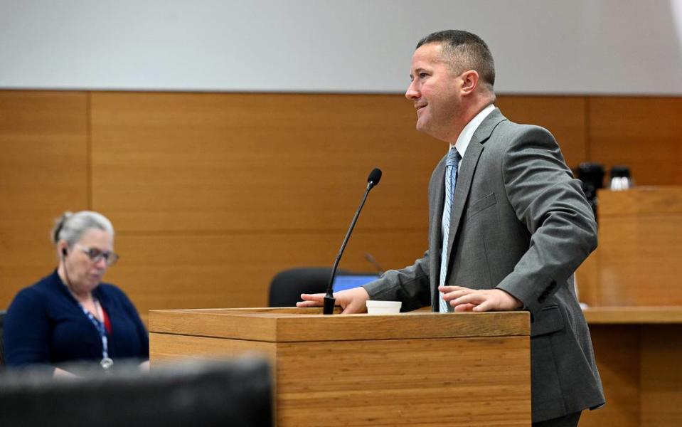 Assistant State Attorney Dickey Lee Hough makes his opening statement to one of two juries while David Consuegra Jr. and Jacob Maldonado undergo a joint trial presided over by Judge Frederick Mercurio at the Manatee County Judicial Center for a 2020 fatal shooting.