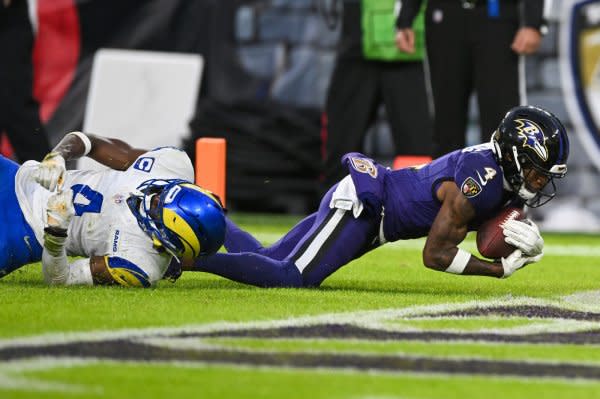 Baltimore Ravens wide receiver Zay Flowers (R) dives for a touchdown against the Los Angeles Rams on Monday at M&T Bank Stadium in Baltimore. Photo by David Tulis/UPI