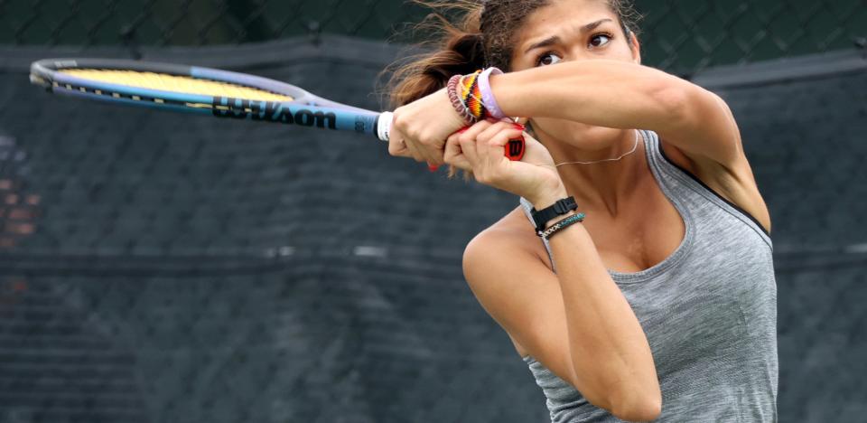 Victoria Ricaurte-Cabas of Edmond North returns a volley to Ava Goodell, Edmond Memorial, during the semi-finals of the state tennis tournament on May 4, 2024; [Oklahoma City], [Okla], [USA]; at Oklahoma City Tennis Center. Mandatory Credit: Steve Sisney-The Oklahoman