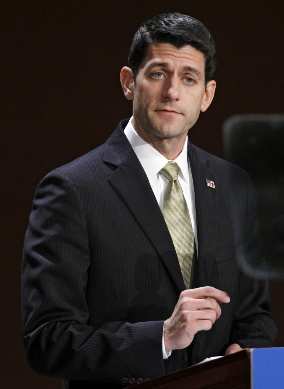Republican vice presidential candidate Rep. Paul Ryan, R-Wis. gestures while speaking about upward mobility and the economy during a campaign rally at the Walter B. Waetjen Auditorium at Cleveland State University, Wednesday, Oct. 24, 2012, in Cleveland. (AP Photo/Tony Dejak)