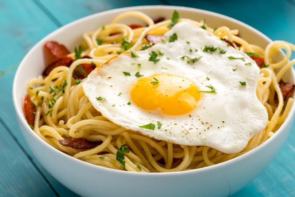 Spaghetti with Fried Egg and Crispy Pepperoni