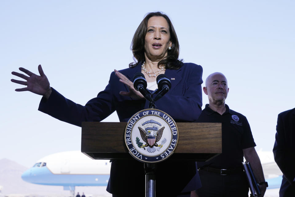 FILE - Vice President Kamala Harris talks to the media, Friday, June 25, 2021, after her tour of the U.S. Customs and Border Protection Central Processing Center in El Paso, Texas. Harris is poised to play a critical role in next year's election as President Joe Biden seeks a second term. (AP Photo/Jacquelyn Martin, File)