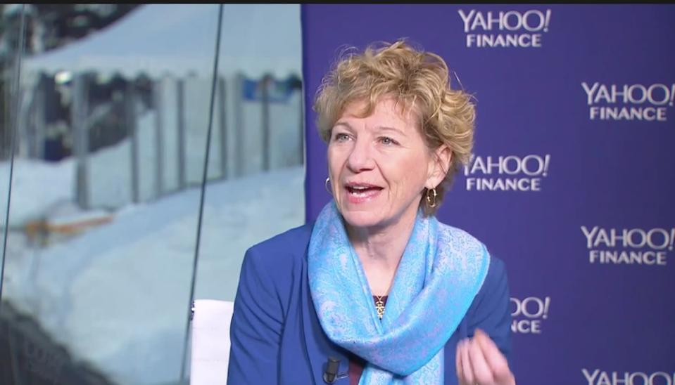 Sue Desmond-Hellmann being interviewed by Andy Serwer at the World Economic Forum in Davos, Switzerland.