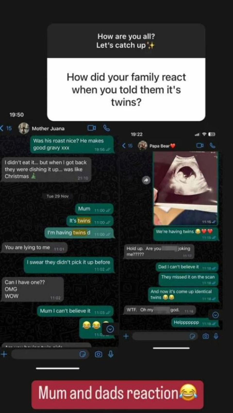 The star shared a hilarious text exchange between her and her parents announcing her pregnancy (Instagram)