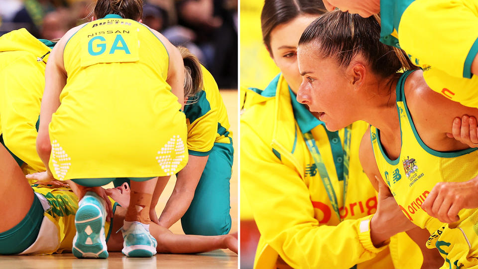 Maddy Proud, pictured here after suffering concussion in the second netball Test between Australia and England.