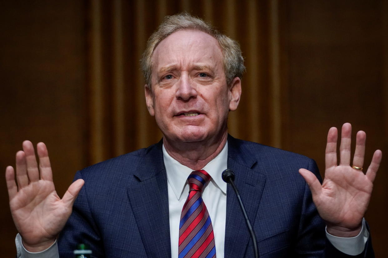 Microsoft President Brad Smith testifies during a Senate Intelligence Committee hearing on Capitol Hill in Washington, U.S., February 23, 2021. Drew Angerer/Pool via REUTERS