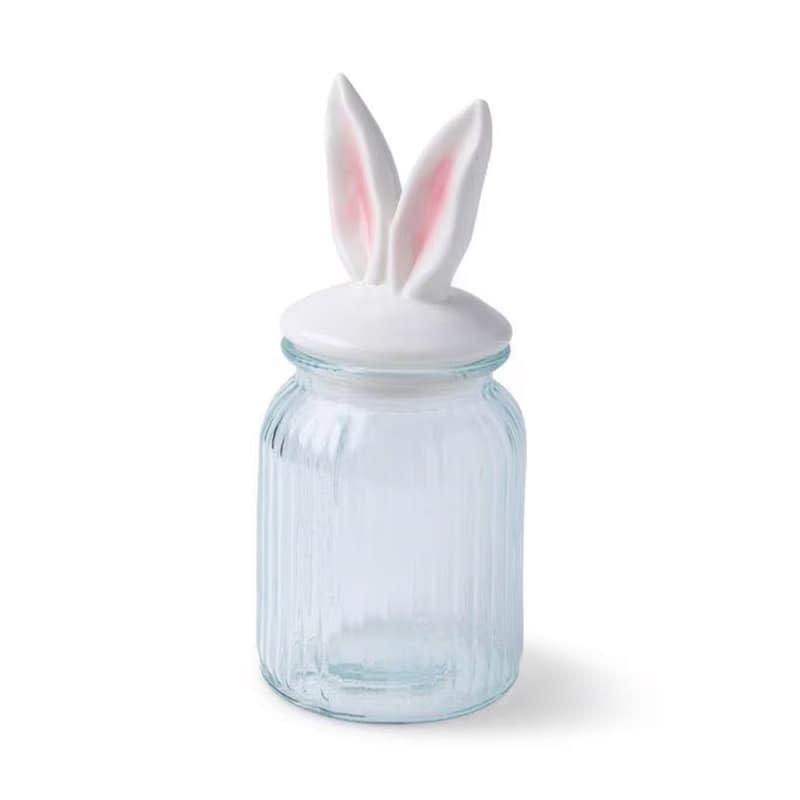 10" Easter White Glass Jar With Ceramic Bunny Ear Lid