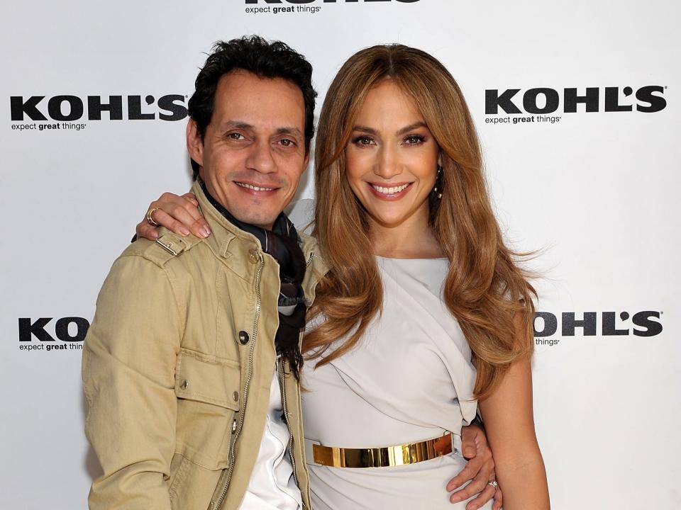 Singer Marc Anthony and singer\actress Jennifer Lopez pose at the Jennifer Lopez and Marc Anthony announcement to Launch Two Exclusive Lifestyle Brands at Kohl