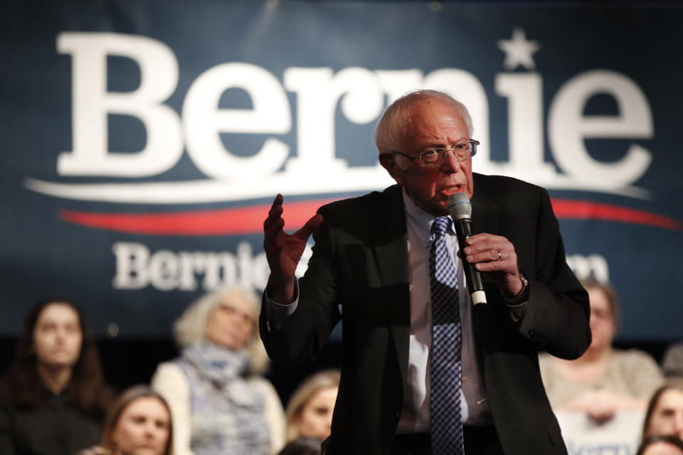 Democratic presidential candidate Sen. Bernie Sanders, I-Vt., speaks at a town hall campaign event at the Rochester Opera House, Saturday, Feb. 8, 2020, in Rochester, N.H. (AP Photo/Robert F. Bukaty)