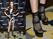 <p>The “Edge of Seventeen” actress showed off her peeps in black sheer net trouser socks and open-toe platforms at Entertainment Weekly’s Toronto Must List party at the Thompson Hotel in Toronto. <i> (Photo: Mike Windle/Getty Images for Entertainment Weekly) </i></p>