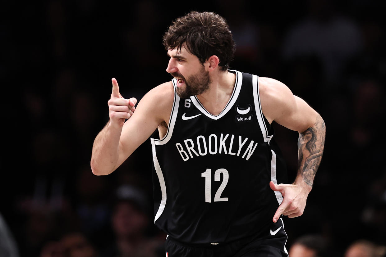 NEW YORK, NEW YORK - NOVEMBER 01: Joe Harris #12 of the Brooklyn Nets reacts after making a three-point shot during the second quarter of the game against the Chicago Bulls at Barclays Center on November 01, 2022 in New York City. NOTE TO USER: User expressly acknowledges and agrees that, by downloading and or using this photograph, User is consenting to the terms and conditions of the Getty Images License Agreement. (Photo by Dustin Satloff/Getty Images)