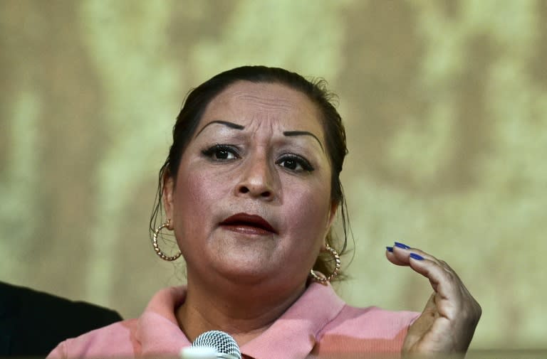 Clara Gomez Gonzalez, survivor and witness of an alleged extrajudicial execution of several gang members, and mother of a 15-year-old girl who was among those victims, speaks during a press conference in Mexico City, on July 2, 2015