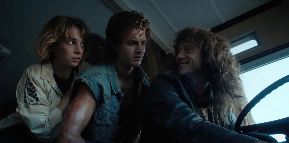 STRANGER THINGS. (L to R) Maya Hawke as Robin Buckley, Joe Keery as Steve Harrington and Joseph Quinn as Eddie Munson in STRANGER THINGS. Cr. Courtesy of Netflix Â©Â 2022